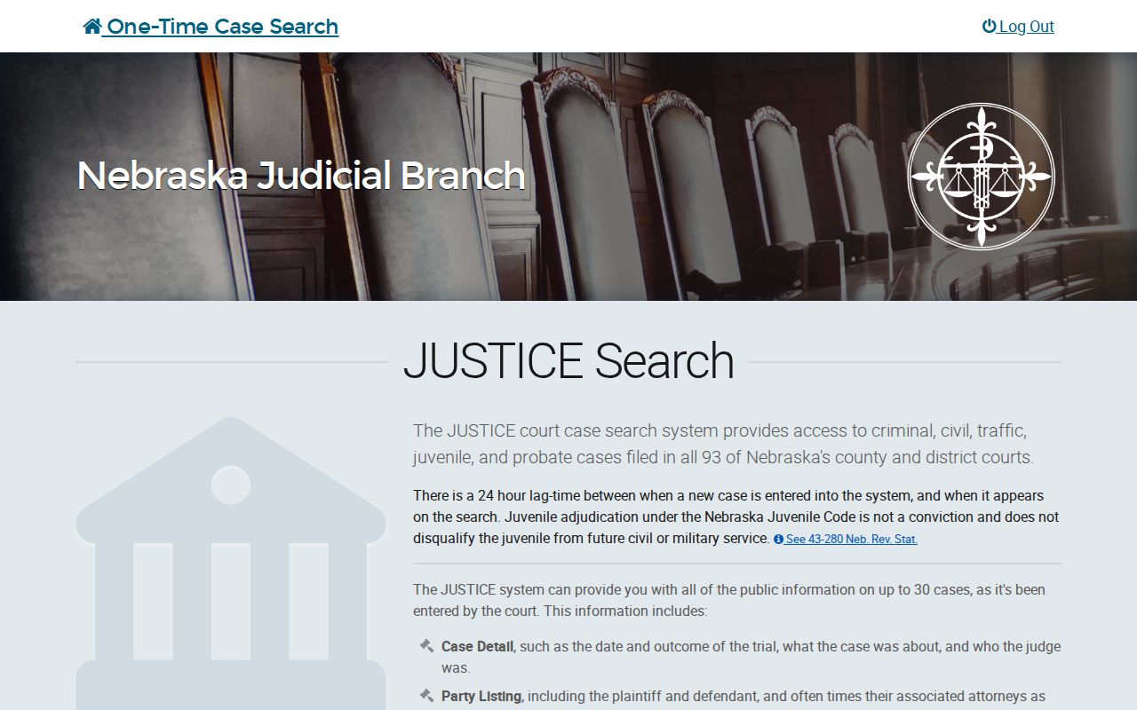Blank Nebraska JUSTICE case search interface for York County court records