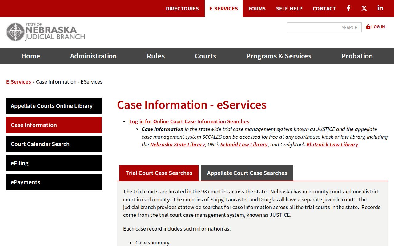 Nebraska JUSTICE case-information service description and access panel