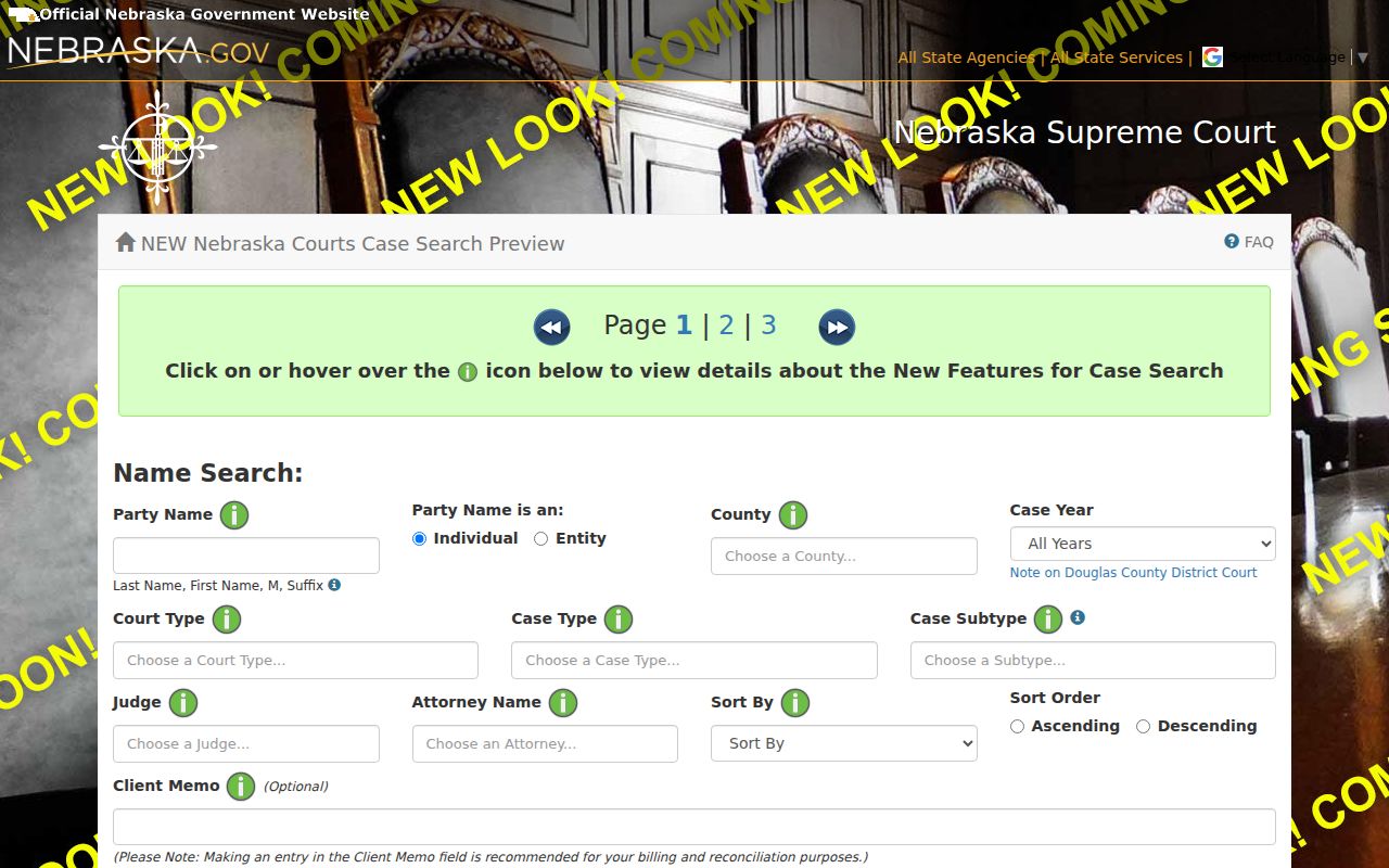 Nebraska case-search name format and filter instructions