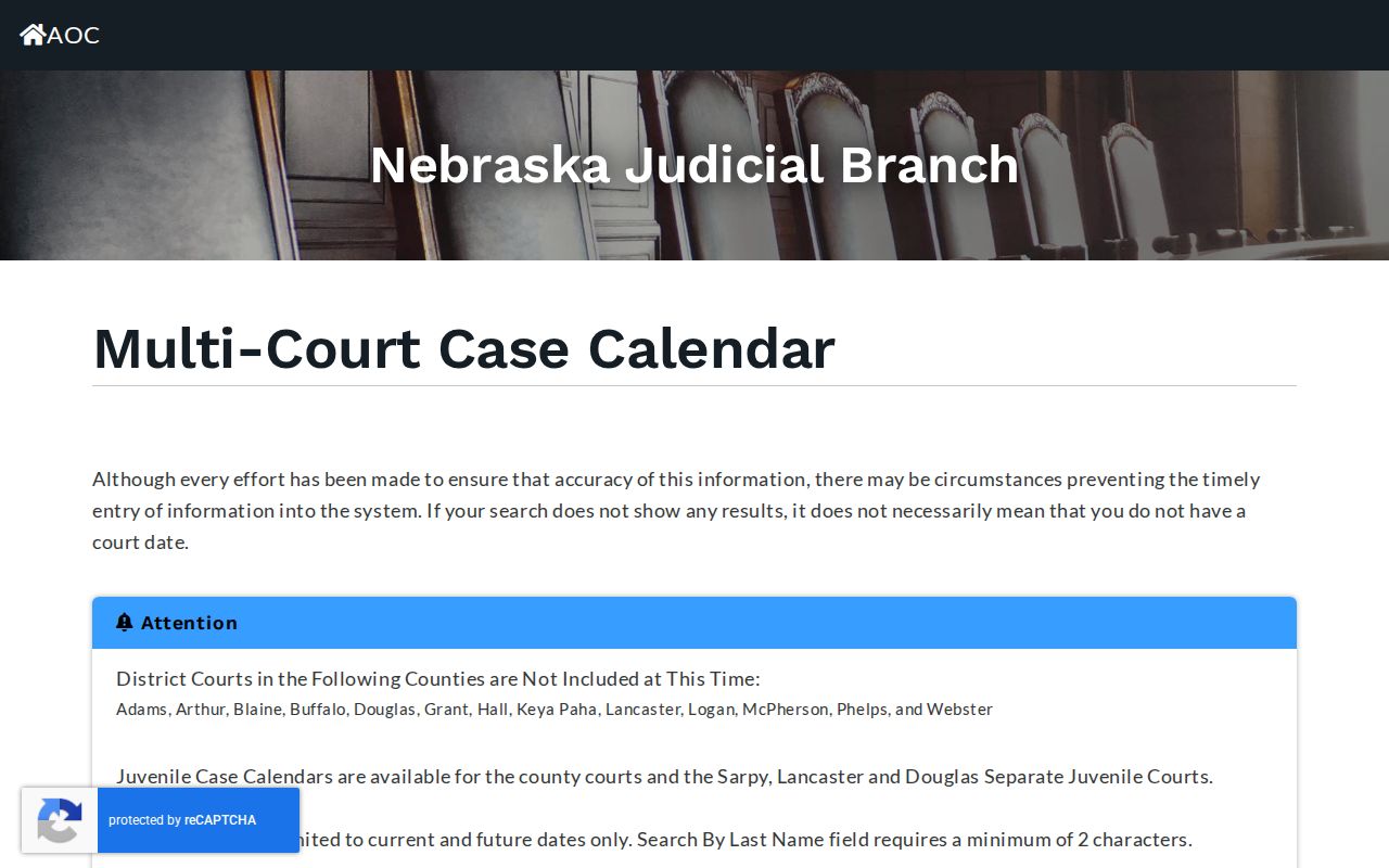 Blank Nebraska County and District Court calendar search controls