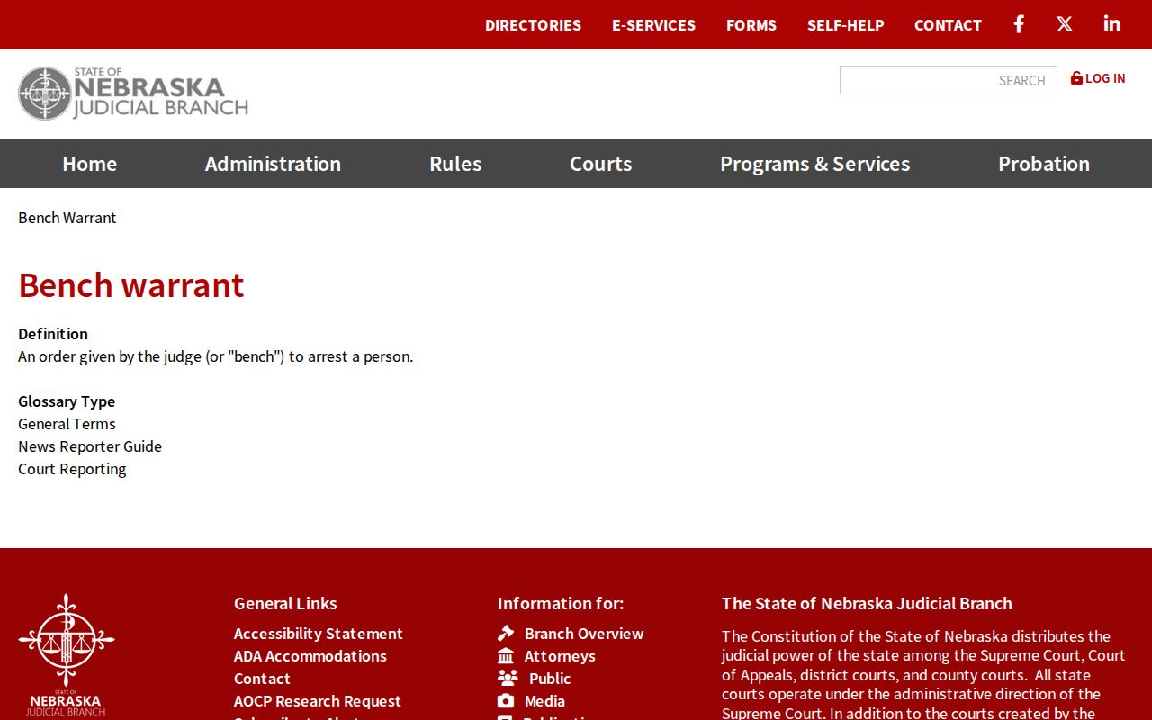 Nebraska Judicial Branch official bench-warrant definition