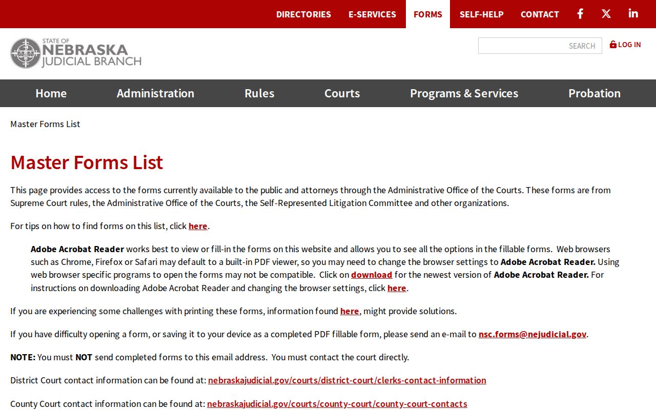Nebraska Judicial Branch warrant and traffic form categories